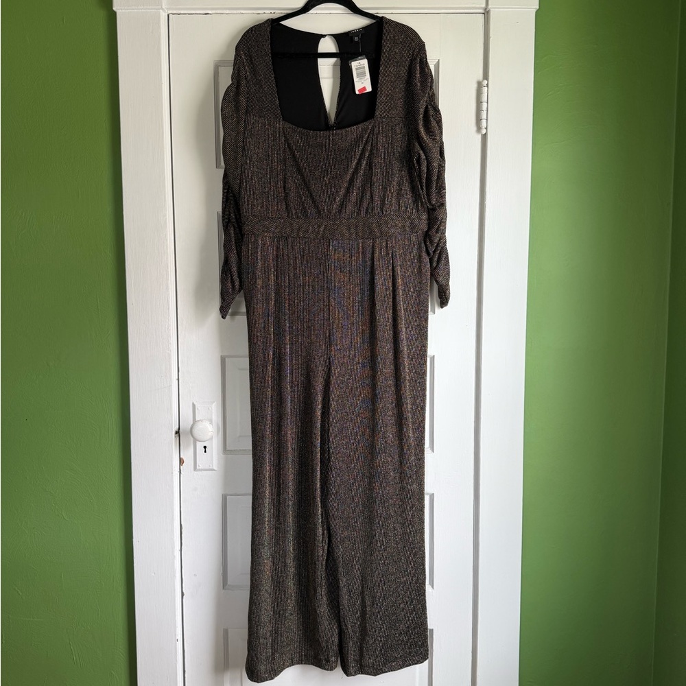 Torrid Black with Gold stripes Jumpsuit with Ruched Sleeves NWT  Size 20